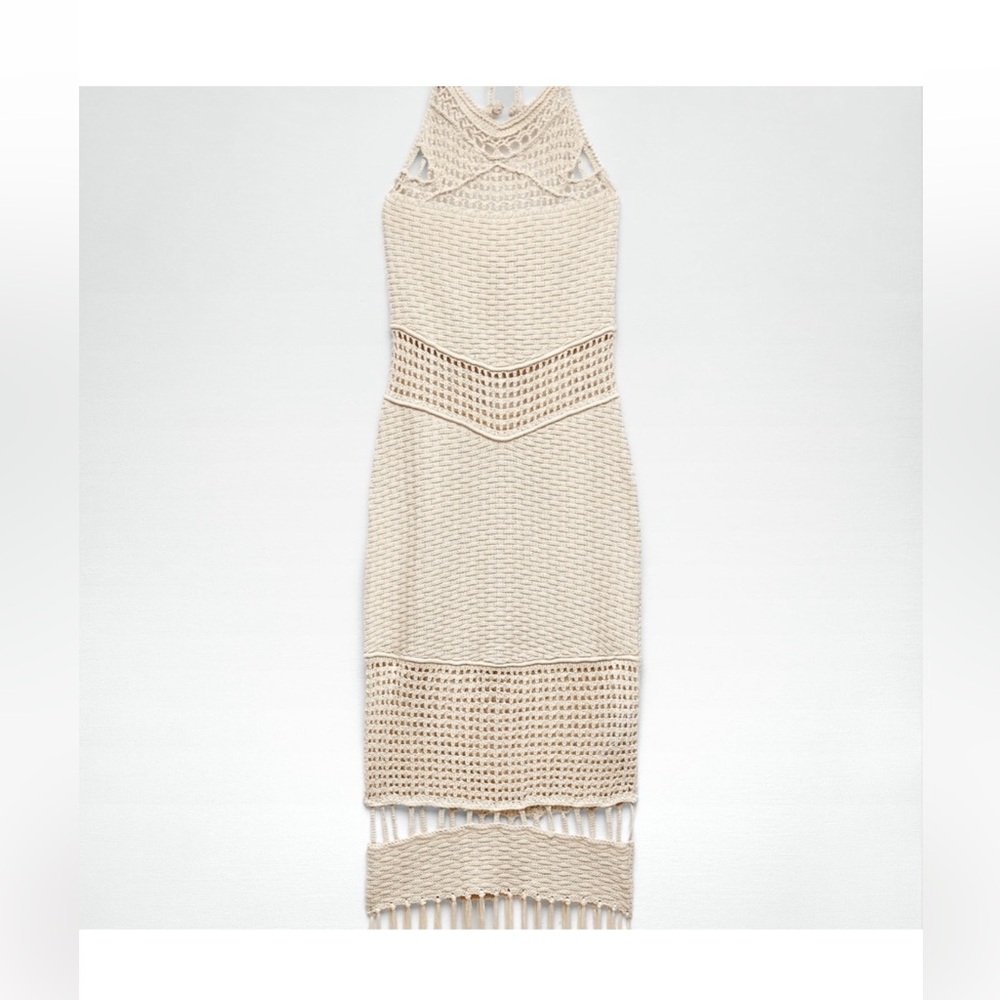 Zara Chic Beige Crochet Dress with Fringe. New - Picture 4 of 14